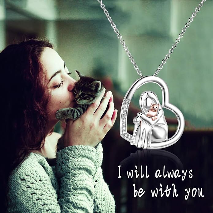 POPKIMI Cat Lover Pendant Necklace Dog Lover Necklace 925 Sterling Silver Crystal Cat Memorial Gifts for Women Animal Heart Jewelry Birthday Gifts