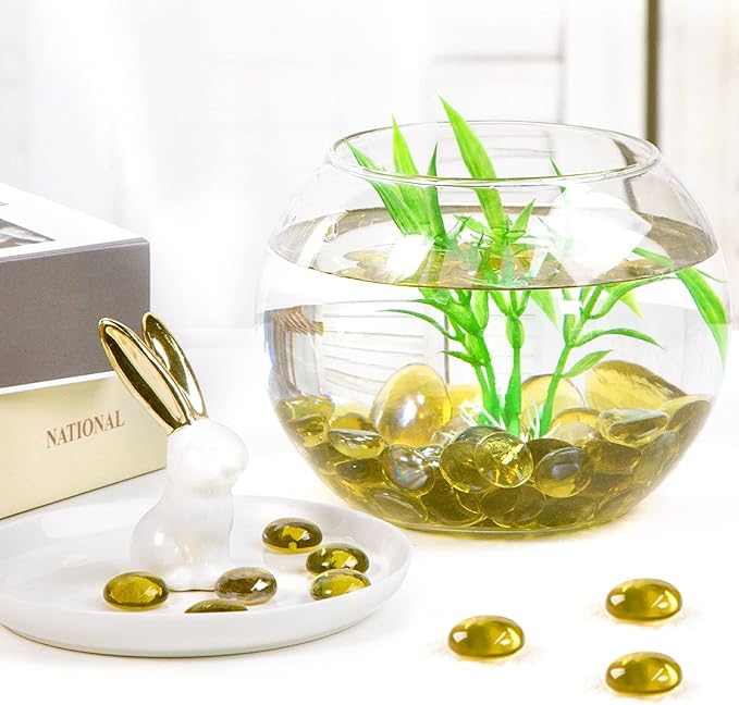 FUTUREPLUSX 1LB Yellow Glass Marbles, Flat Marbles Glass Beads Vase Fillers Decorative Rocks Gold Gemstones for Centerpieces Aquarium Table Scatter Home Decor