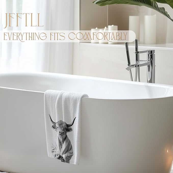 Funny Bathrobe Highland Cow Hand Towels for Bathroom Washroom Restroom Decor, Cow Lovers Gifts, Farmhouse Western Bathroom Hand Towels, 16x24 Inch