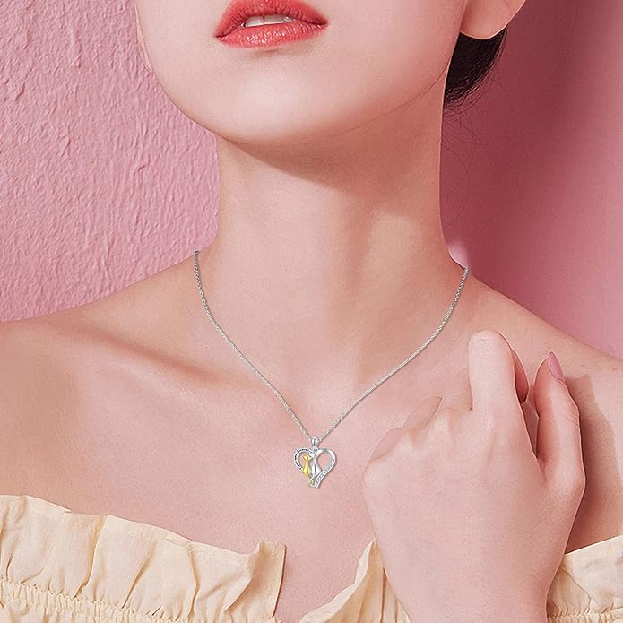 CHENGHONG Cat Necklaces 925 Sterling Silver Jewelry Cute Double Two-Tone Cat Pendant Cubic Zirconia Necklace I love you forever for Cat Lover Jewelry Gifts for Women