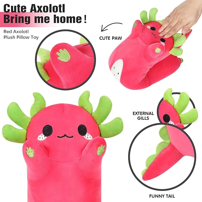 PEACH CAT Long Dragon Fruit Axolotl Stuffed Animal Kawaii Pitaya Axolotl Plush Pillow Toy for Girls and Boys 34"