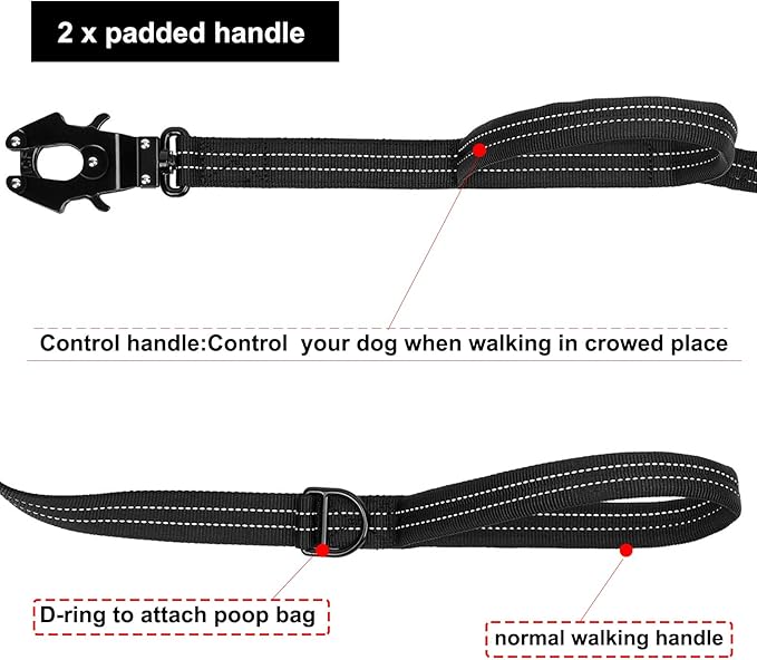 ICEFANG Tactical Dog Leash,K9 Training Walking Bungee Lead with 2 Control Handle,Heavy Duty Quick Release Metal Clasp,Hands Free D-Ring for Medium Large Dogs (6ft,Reflective Black)