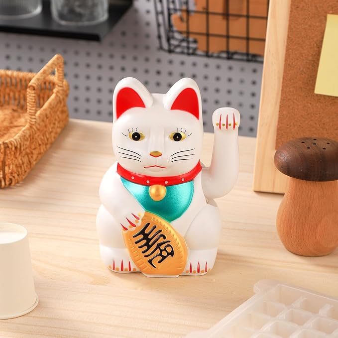 Maneki Neko Lucky Cat,Fengshui Cat- Waving Arm Battery Operated for Fortune Money and Good Luck (White, 6 in)