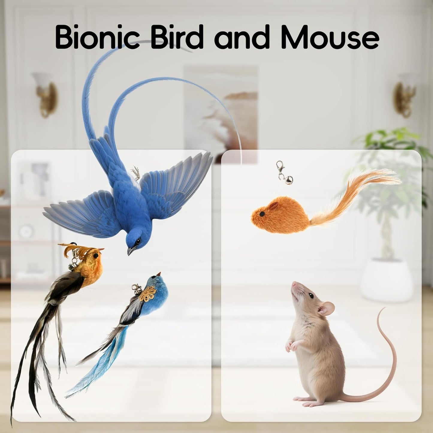 Interactive Bird Simulation Cat Feather Toy Set Cat Retractable Wand Toys Suction Cups Base,Include Detachable 7 Pcs Replacements Feathers Toys