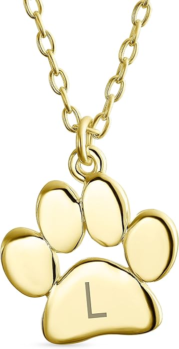 Personalized Initial Alphabet A-Z Dainty Dog Cat Pet Kitten Puppy Paw Print Pendant Necklace Animal Jewelry For Women Teen Polished Rose Yellow Gold Plated .925 Sterling Silver Customizable