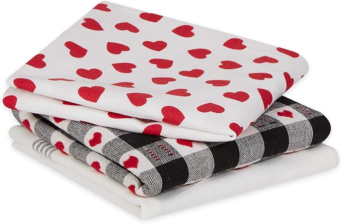 DII Valentine's Day Collection Kitchen, Dishtowel Set, 18x28, Cat Love, 3 Piece