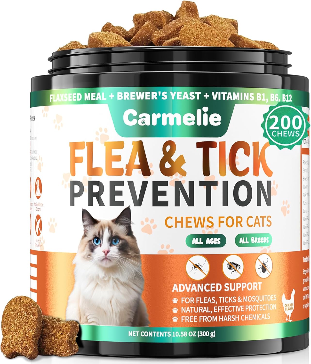 Flea and Tick Treatment for Cats - 200 Chews Flea and Tick Prevention for Cat Chewables - Flea Treatment for Cats All Breeds & Ages - Natural Cat Fleas and Ticks Defense - Chicken Flavor