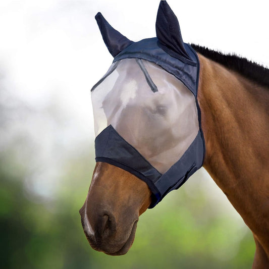 Harrison Howard CareMaster Horse Fly Mask Half Face with Ears Black/Silver Retro Small Pony
