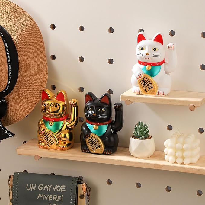 Maneki Neko Lucky Cat,Fengshui Cat- Waving Arm Battery Operated for Fortune Money and Good Luck (White, 6 in)