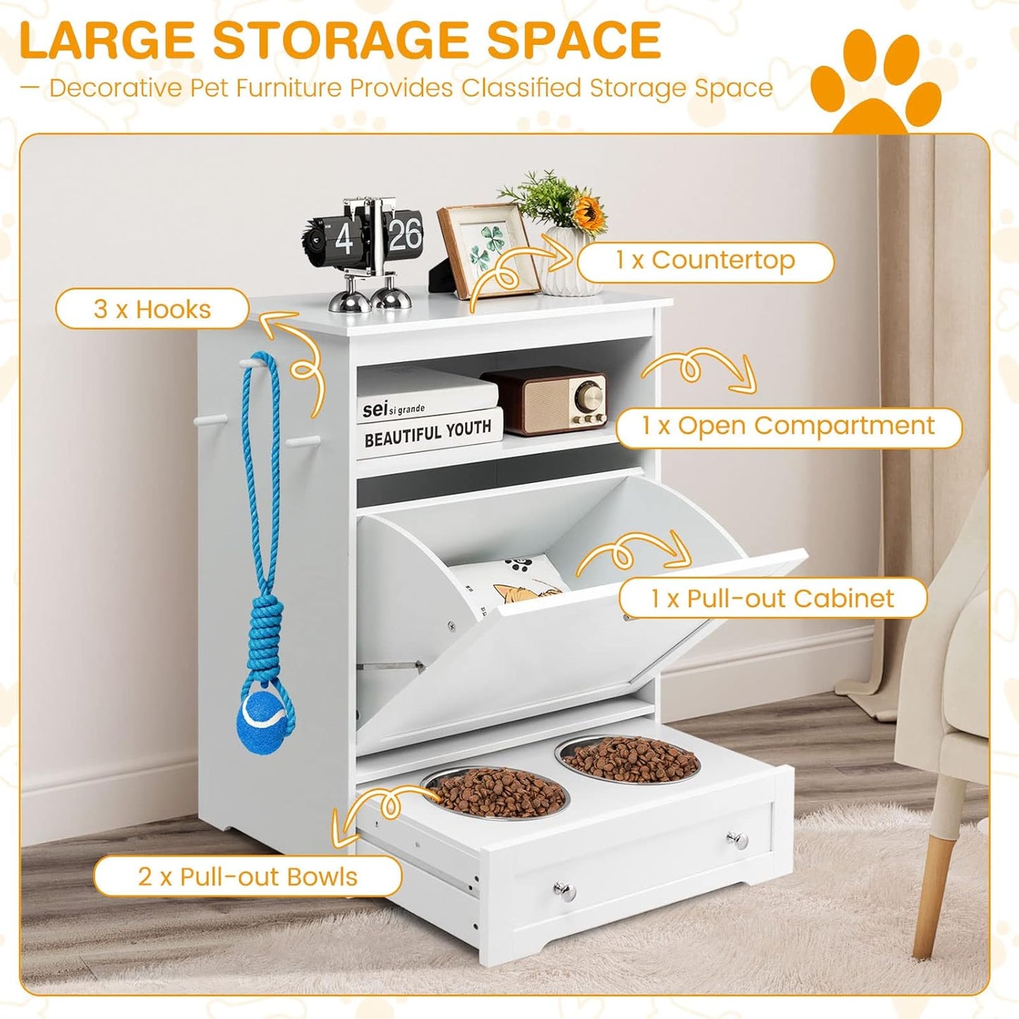 Tangkula Pet Feeder Station, Dog Food Storage Container with Double Pull Out Dog Bowls, Pet Food Toy Organizer Cabinet, Pet Feeding Station Furniture for Dogs Cats Feeding & Watering Supplies (White)