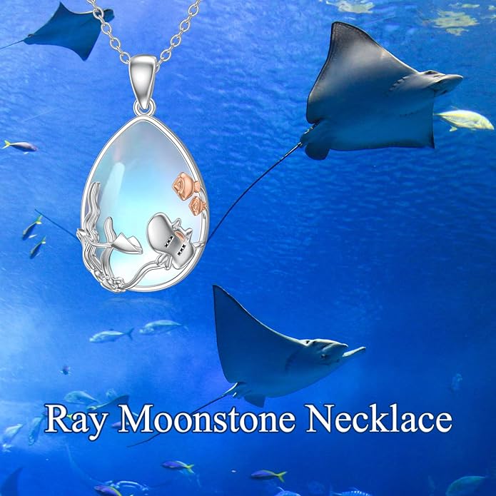 CRMAD Daisy/Black Cat/Dragonfly/Daffodil/Hummingbird/Stingray/Phoenix Feather/Rose Necklace Sterling Silver Moonstone Teardrop Pendant Necklace Flower Animal Jewelry Gifts for Women