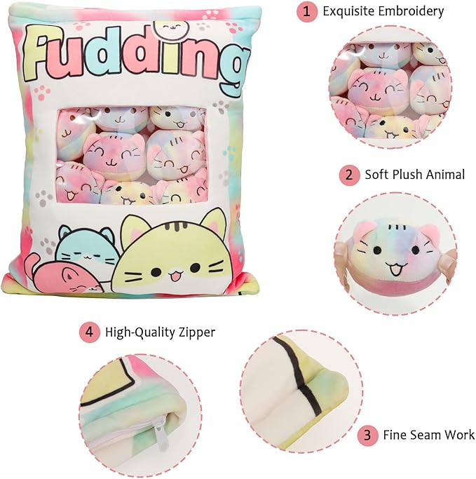 Cat Plush Pillow, Cute Plushies with Kitten Doll, Removable Stuffed Animals Throw Pillow, Kawaii Plushies Cat Toy for Kids, Gift for Girls Boys Birthday (Colorful Kittens)