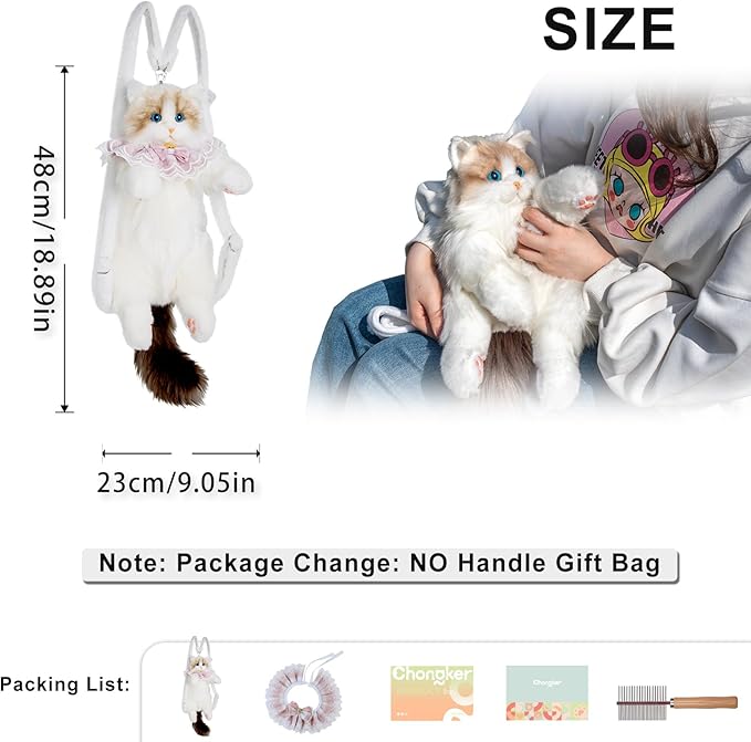 Chongker Stuffed Animals Backpack - Cute Cat plush Backpack, Handcrafted Realistic Cat Shaped Backpack, Idea for Birthdays Anniversaries Ordinary days Large Ragdoll Bag