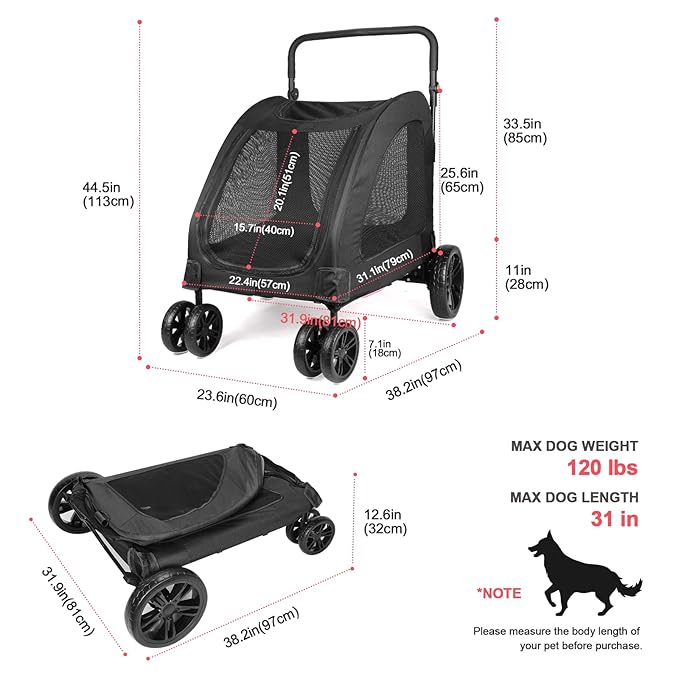 Large Dog Travel Stroller with 4 Heavy Duty Wheels Pet Stroller with Adjustable Handle - Double Doggie Capacity Jogger Wagon with Back Front Door for Small Medium Large Dogs (Black)