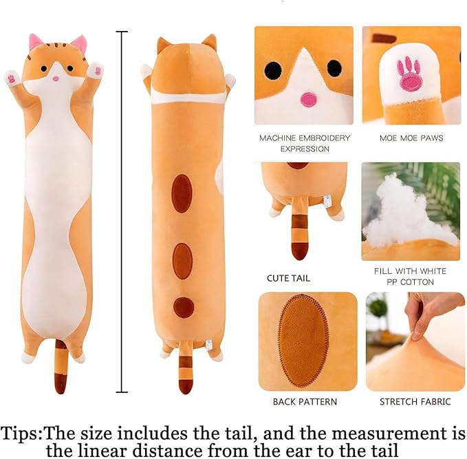 Long Cat Plush Pillow Soft Cat Hugging Pillow Stuffed Animal Pillow Cute Kitty Sleeping Throw Pillow Gift for Kids(90cm/35.43inch,Yellow