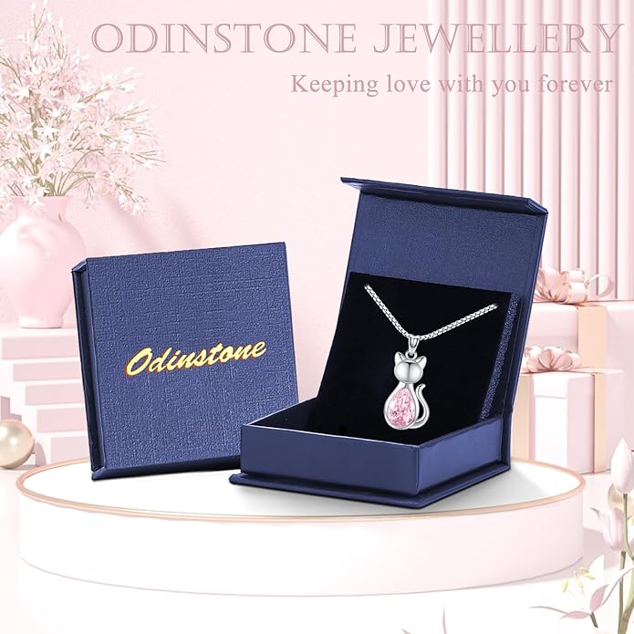 Odinstone Cat Birthstone Necklaces Jewelry Sterling Silver Cat Pendant Necklace Gift for Women Gifts, 18'' Silver Box Chain Women's Birthstone Crystal Cat Jewelry Gifts