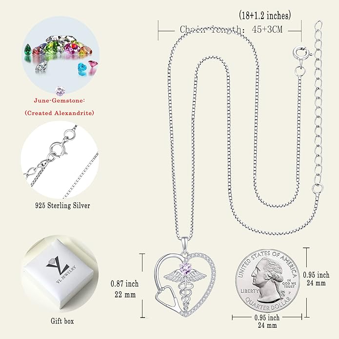 YL Caduceus Heart Necklace for Women Sterling Silver Doctor Nurse Themed Stethoscope Pendant Birthstone Angel Wings Snake Jewelry