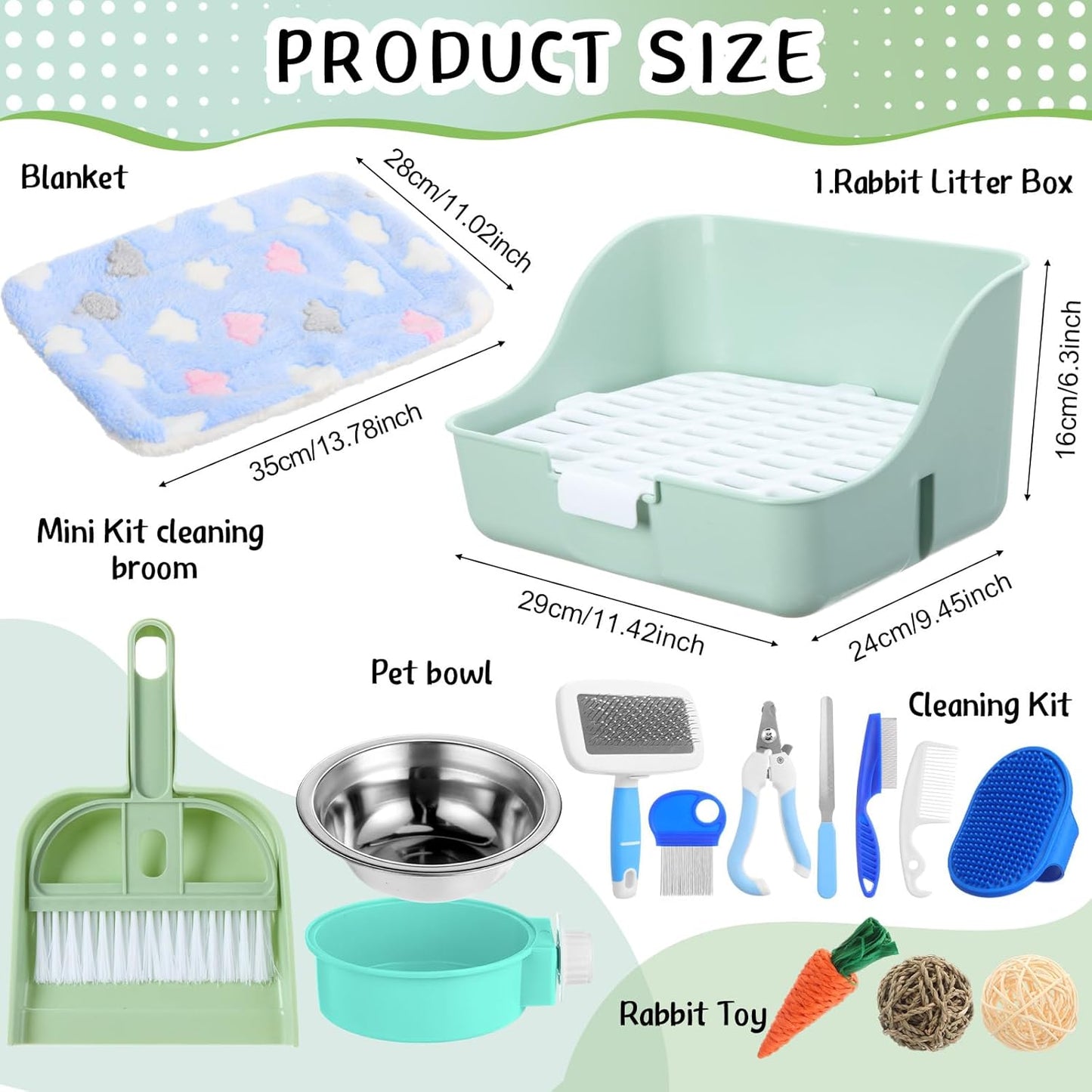 15 Pcs Rabbit Starter Kit Small Rabbit Litter Box Animal Grooming Kit Bunny Toys Bowl Blankets with Cleaning Set for Guinea Pig Accessories(Green)