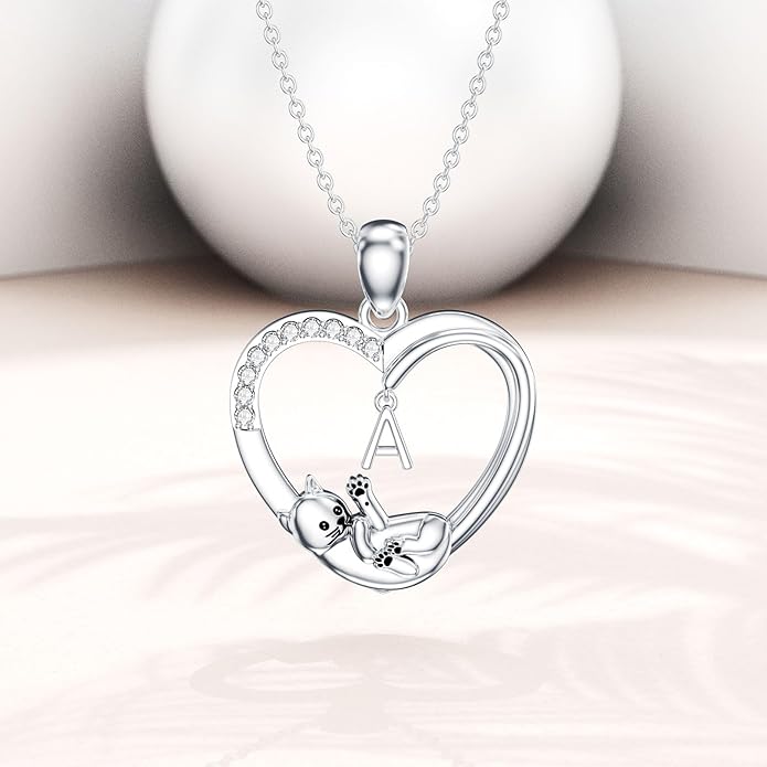 LONAGO Cat Heart Necklace with Initial Silver Cat Initial Necklace 26 Alphabets Cat Jewelry Gift for Women