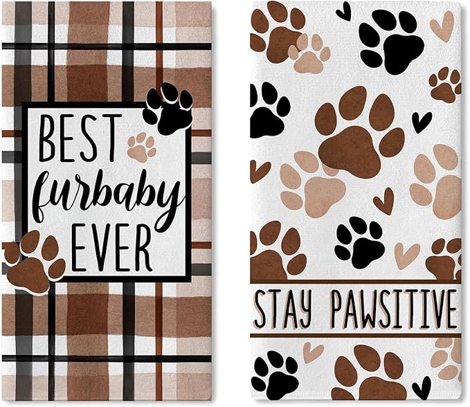 Dog Cat Paw Print Kitchen Dish Towels Set of 2, Best Furbaby Ever Drying Hand Towels Stay Pawsitive Baking Cooking Cloth, Plaid Farmhouse Home Kitchen Decoration Pet Lover Gifts 18 x 26 Inch