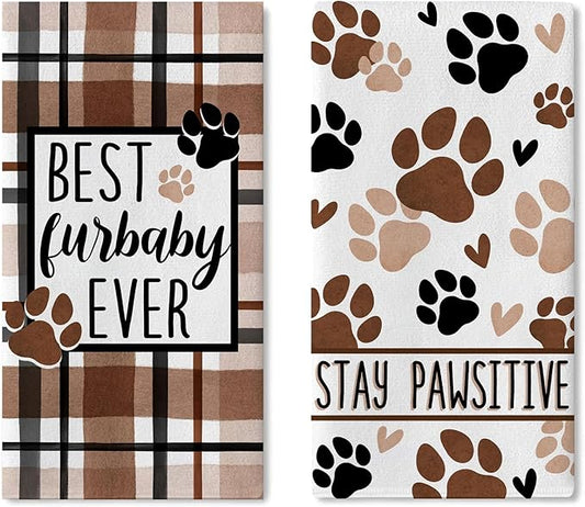 Dog Cat Paw Print Kitchen Dish Towels Set of 2, Best Furbaby Ever Drying Hand Towels Stay Pawsitive Baking Cooking Cloth, Plaid Farmhouse Home Kitchen Decoration Pet Lover Gifts 18 x 26 Inch