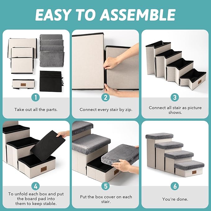 Dog Stair for Small Dogs with Storage, Foldable Pet Step with Soft Cover, Older Cat Ramp for Chair Couch Sofa, Lightweight, Durable, Comfort, 24.8x13x13.6 inch, 3 Tiers, Grey