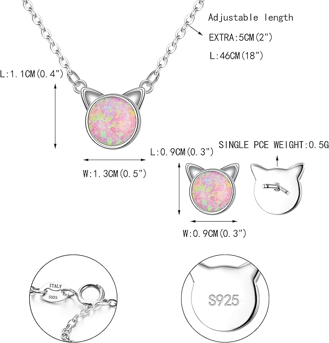 EVER FAITH 925 Sterling Silver Cute Cat Earrings Necklace Hypoallergenic Created Opal Lovely Animal Jewelry Set for Women