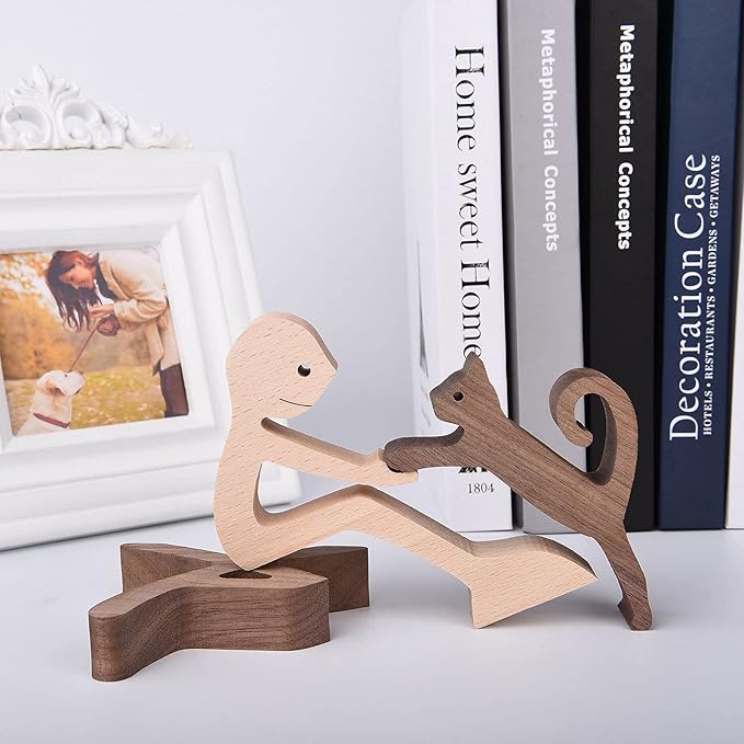 ISHINE Wooden Men and Cat Sculpture, Handmade Animal Figurines, Wood Decor Collectible Figurine for Home Office Natural ECO Friendly