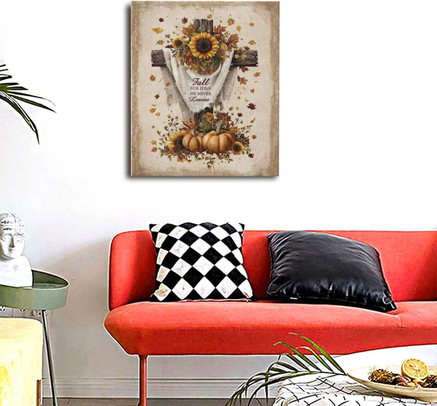 Christian Fall Wall Art Autumn Rustic Cross Sunflower Pumpkin Wall Decor Fall for Jesus He Never Leaves Pictures Painting Print Framed Artwork Decorations Gifts for Living Room Bedroom Prayer Room Office 20"x24"