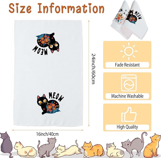 Cute Cat Kitchen Dish Towels Set of 2 Black and White Cat Kitchen Accessories Cat Lover Gifts for Women Cute Boho Towels Decorative Set for Kitchen & Bathroom 16×24 Inch