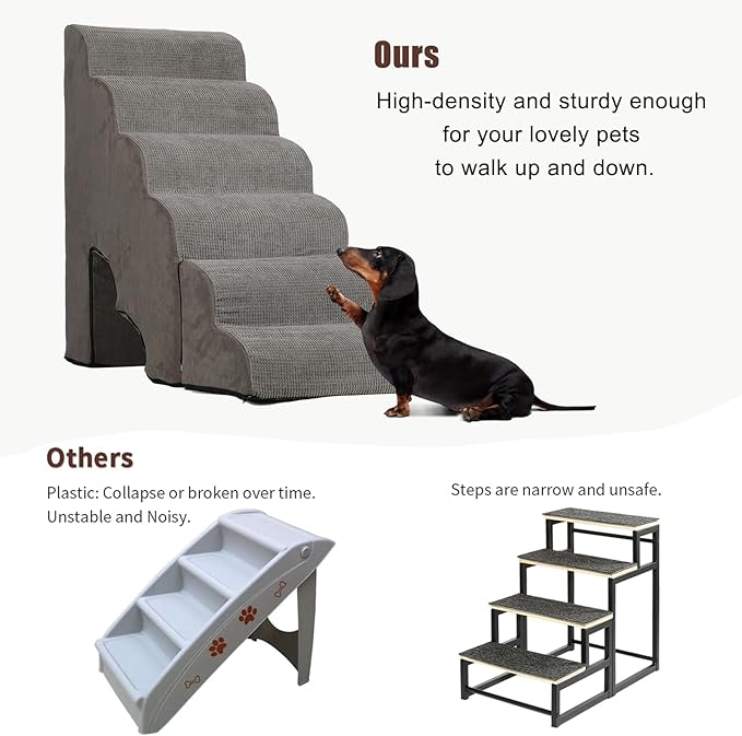 Dog Stairs for High Beds 25-30 inches Tall, 6-Step Dog Steps for High Bed for Doggies/Kitties, 30D Foam Pet Stairs Steps for Small Dogs, Dog Ramp/Ladder for Old Dogs/Cats, Grey
