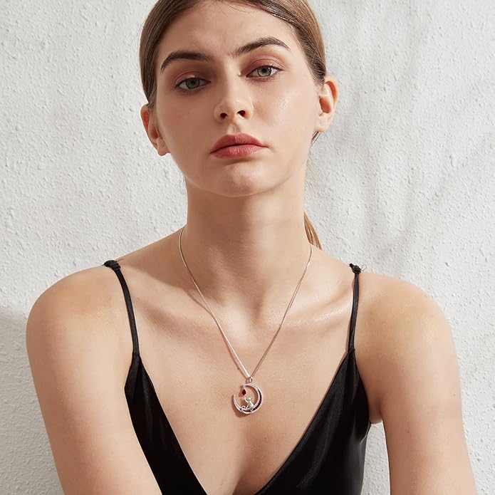 jiamiaoi 18K White Gold Plated Cat Necklace 925 Sterling Silver Diamond Cat Necklace Silver Cat On Moon Necklace for Women Gift for Birthday/Christmas, Come with Gift Box