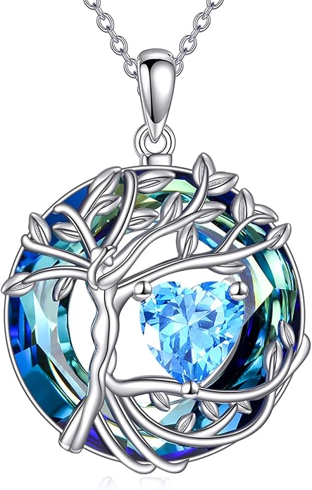 Tree of Life Necklace Sterling Silver Sister Pendant Blue Crystal Jewelry Gift for Women