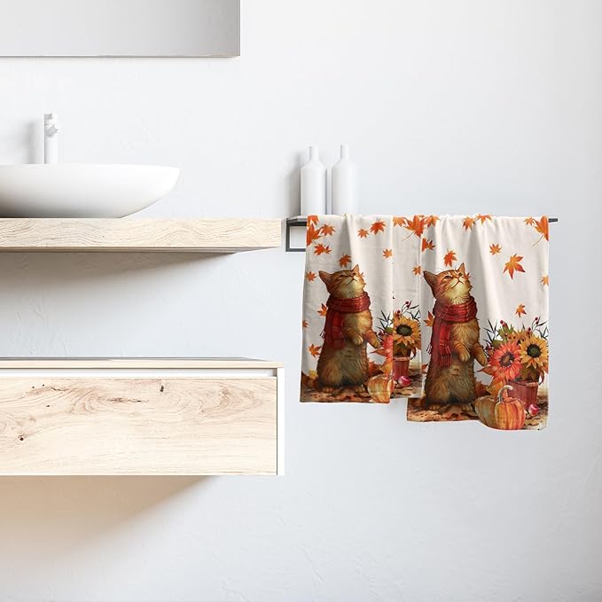 Giwawa Fall Cat Hand Towels Maple Leaves Kitchen Dish Towel Set of 2 Soft Fingertip Small Bath Towel Washcloths Decor for Hotel Spa Gym Sport