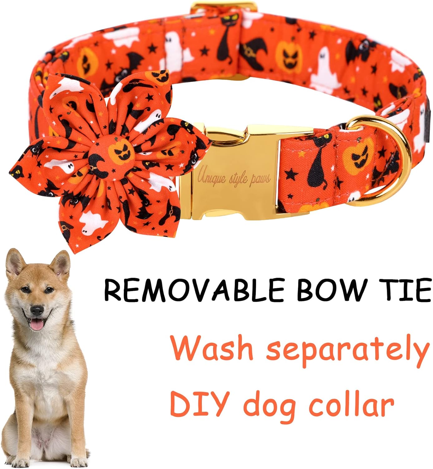 Unique style paws Halloween Dog Collar with Flower Tie Cotton Adjustable Puppy Collar for Small Medium Large Dogs-L