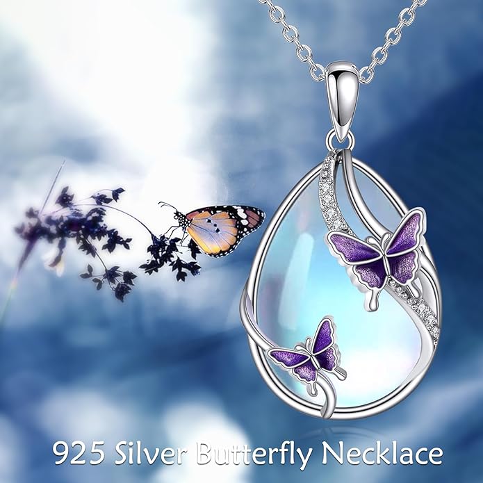KQF Dragonfly/Butterlfy/Cat/Jellyfish/Bunny/Axolotl/Bee/Mermaid/Hummingbird/Elephant Necklace for Women Sterling Silver Moonstone Pendant Necklace Dragonfly Jewelry Gifts for Women