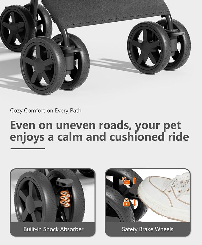 Pet Stroller with 4 Wheels for Small/Medium Pets, Portable Travel Foldable Carrier Jogger for Dog Cat Puppy Kitty, Rear Wheel Breaks, Storage Basket, Visible Mesh with Weather Cover (Black)