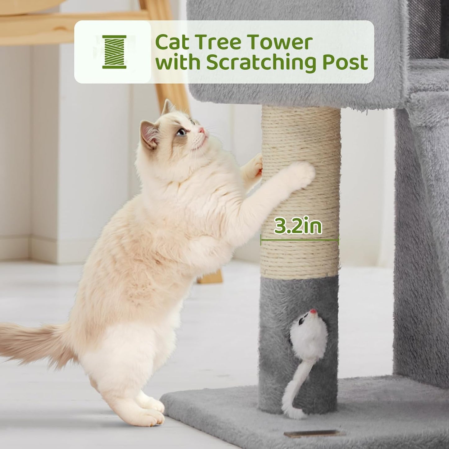 24inch Tall cat Tree with 2 cat condo and Mouse Toy Cozy Small cat Tower with Scratching Post and Board for Kitties and Small Cats.（Light Grey）