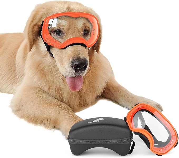 NAMSAN Clear Dog Goggles for Large Dogs, Wide Eyecup & Soft Frame, Anti-UV Sunglasses for Dogs Medium to Large Breed, Driving Dog Eye Protection, Windproof Dustproof, Adjustable, Orange