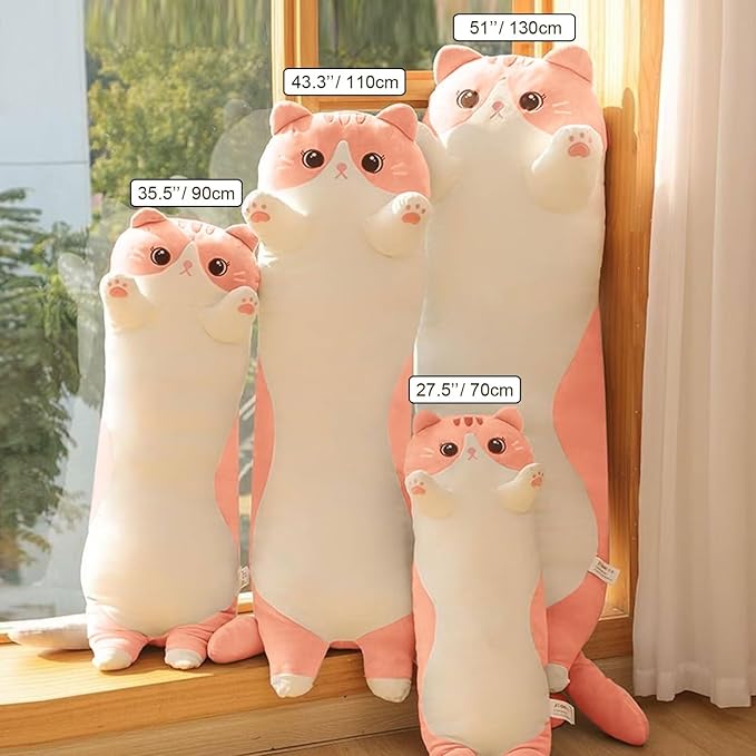 Cat Stuffed Animal Kids Body Pillow for Girls, Soft Cute Plushies Long Cat Hugging Body Pillows with Removable Zipper Cover, Pink Cat Plush Pillow for Cuddling, Sofa or Bed Décor