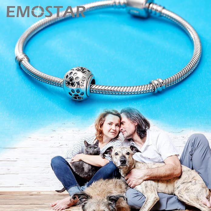 EMOSTAR Dog Paw Print Charms with Various Birthstone Crystals, 925 Sterling Silver Pawprint Beads for 3mm Snake Chain, Pet Lover Gifts for European Women Bracelet