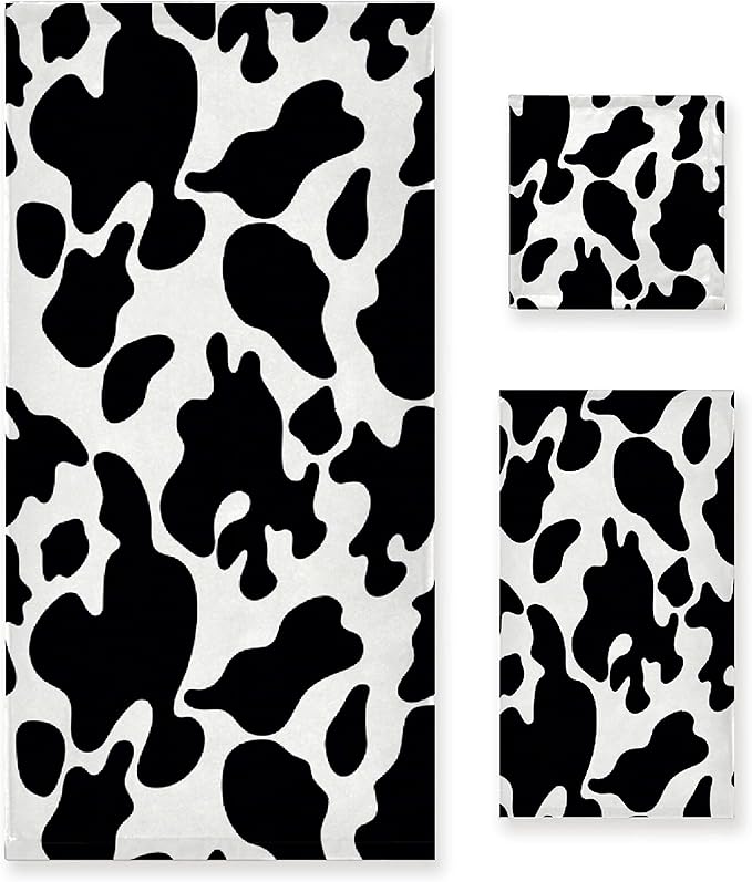 Cow 3 Piece Towel Bathroom Sets, 1 Bath Towel, 1 Washcloth, 1 Hand Towel, Cotton Fast Dry Soft Absorbent Towel Set for Home Kitchen Family