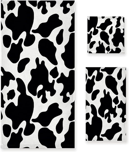 Cow 3 Piece Towel Bathroom Sets, 1 Bath Towel, 1 Washcloth, 1 Hand Towel, Cotton Fast Dry Soft Absorbent Towel Set for Home Kitchen Family