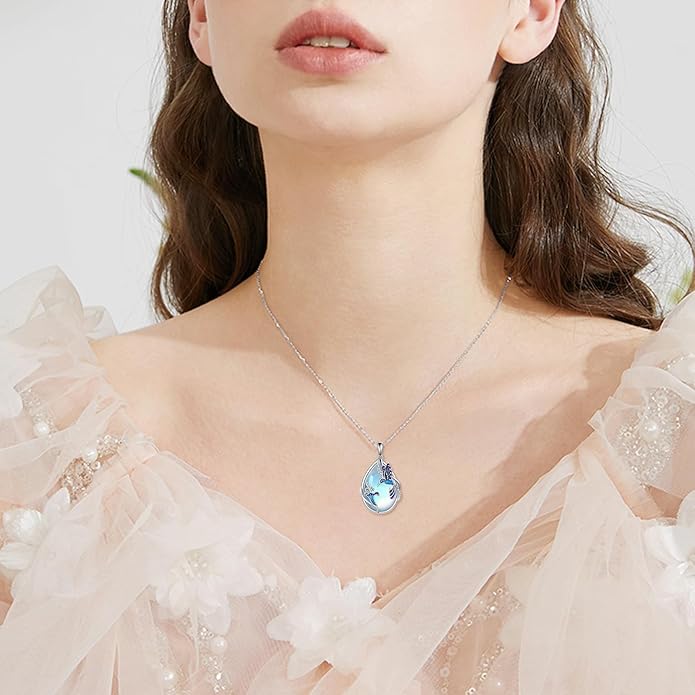 KQF Dragonfly/Butterlfy/Cat/Jellyfish/Bunny/Axolotl/Bee/Mermaid/Hummingbird/Elephant Necklace for Women Sterling Silver Moonstone Pendant Necklace Dragonfly Jewelry Gifts for Women