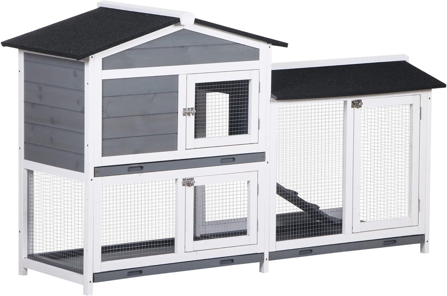 PawHut 62" Rabbit Hutch, Wooden Bunny Hutch, Guinea Pig Cage, Small Animal Enclosure with Run Area, Removable Tray, Asphalt Roof, Lockable Doors and Ramp, Gray