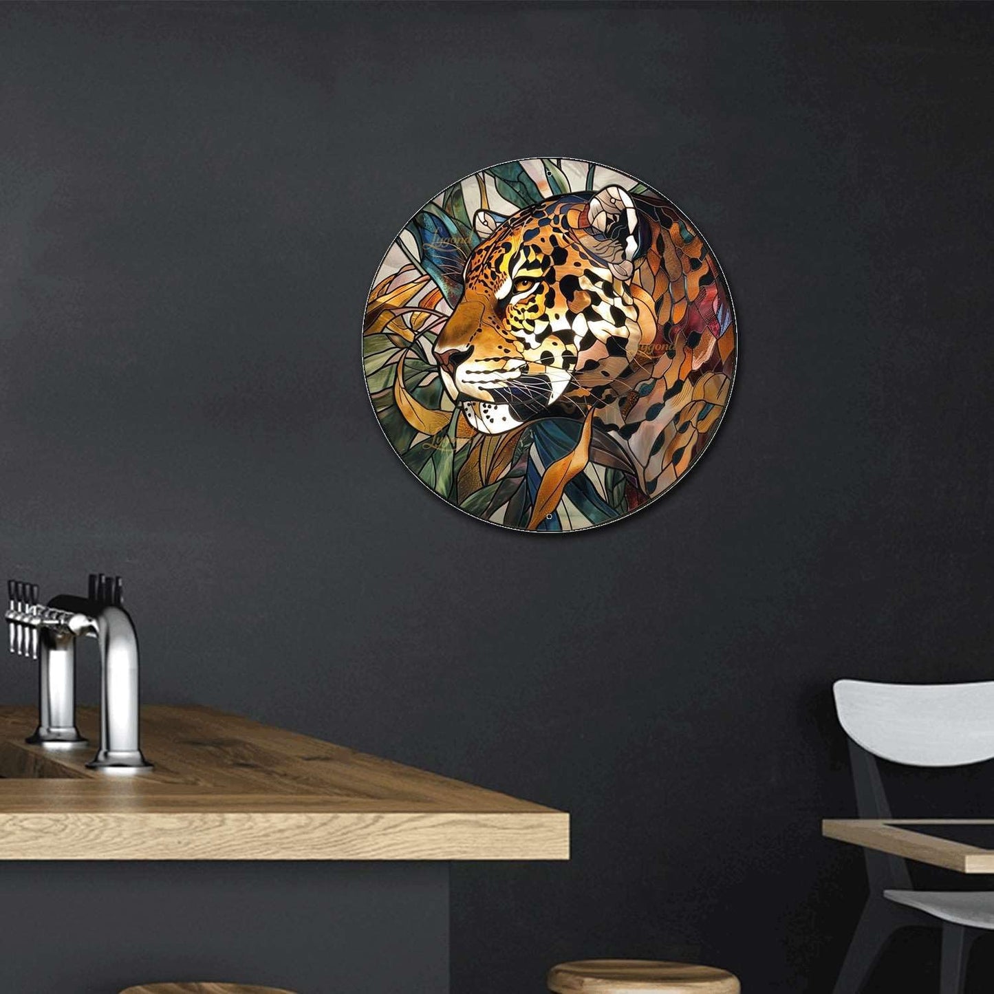 Lygond Metal Sign Tin Sign Circular Stained Glass Jaguar Tin Sig For Pet 8×8 Inches