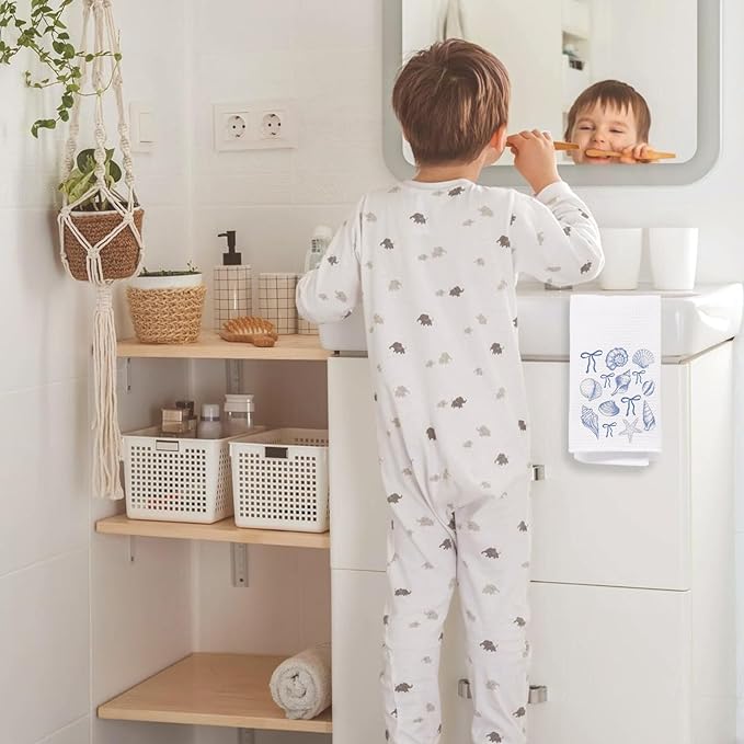 Coquette Blue Bow Seashell Beach Kitchen Towels, Preppy Blue Beach Hand Towels for Bathroom, Coastal Nautical Beachy Decorative Dish Tea Towels for Kitchen, 16x24 Inch