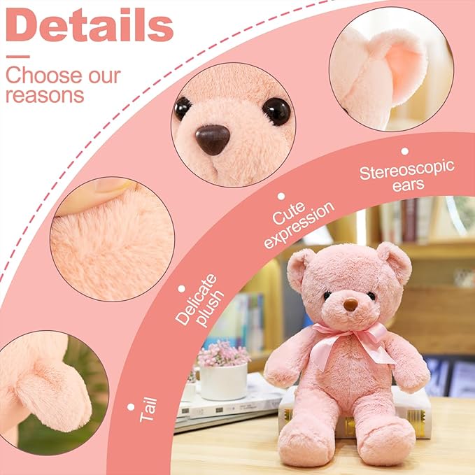 Pink Teddy Bear Stuffed Animals 12” Soft Small Teddy Bear Cute Cuddly Stuffed Bear Plush Toys for Kids Girls Birthday Christmas Valentine’s Day Wedding Graduation Party