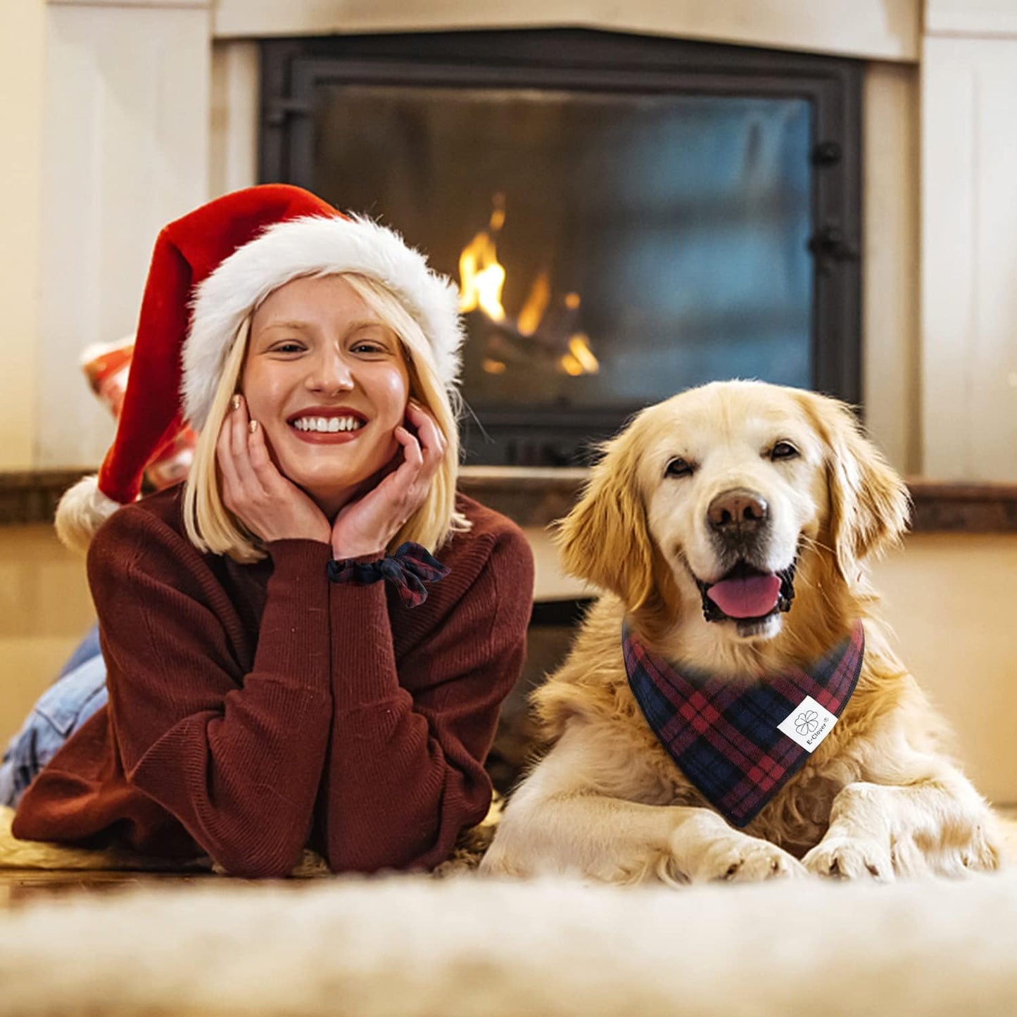 E-Clover Dog Bandanas & Matching Scrunchie Set Plaid Dog Scarf Bibs for Medium Large Dogs Girl Boy Pet Owner Gift Red Blue