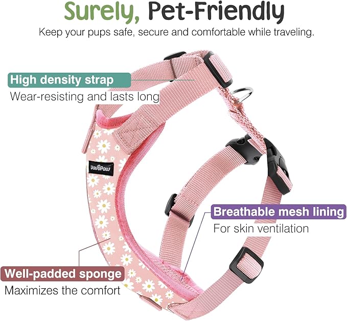Dog Seat Belt, Safety Vest Dog Car Harness with Adjustable Buckle Dog Seat Belt for Vehicle Nylon Pet Safety Seat Belts Heavy Duty(S, Pink Daisy)